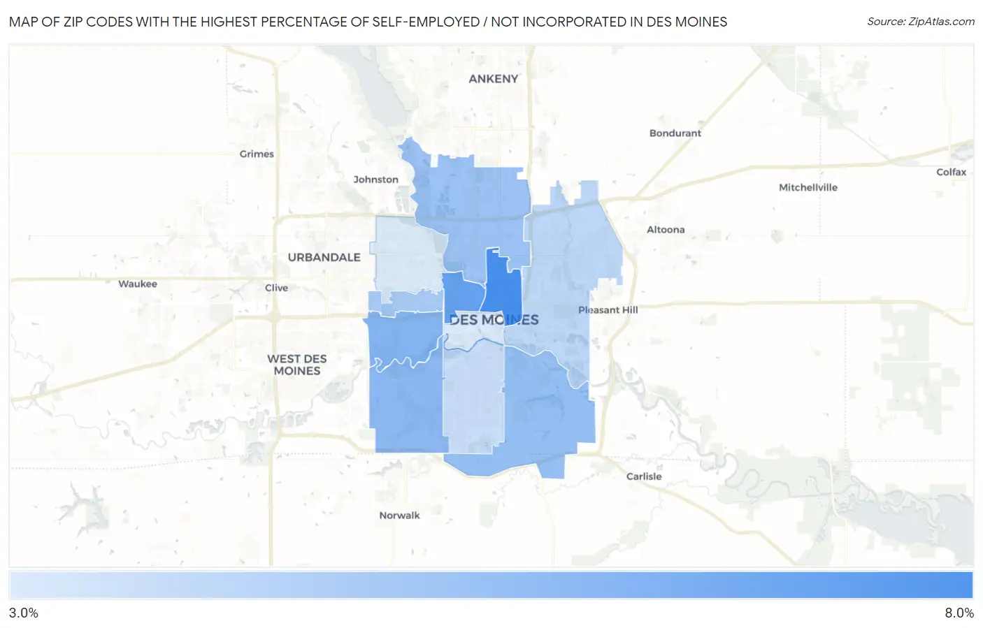 Zip Codes with the Highest Percentage of Self-Employed / Not Incorporated in Des Moines Map