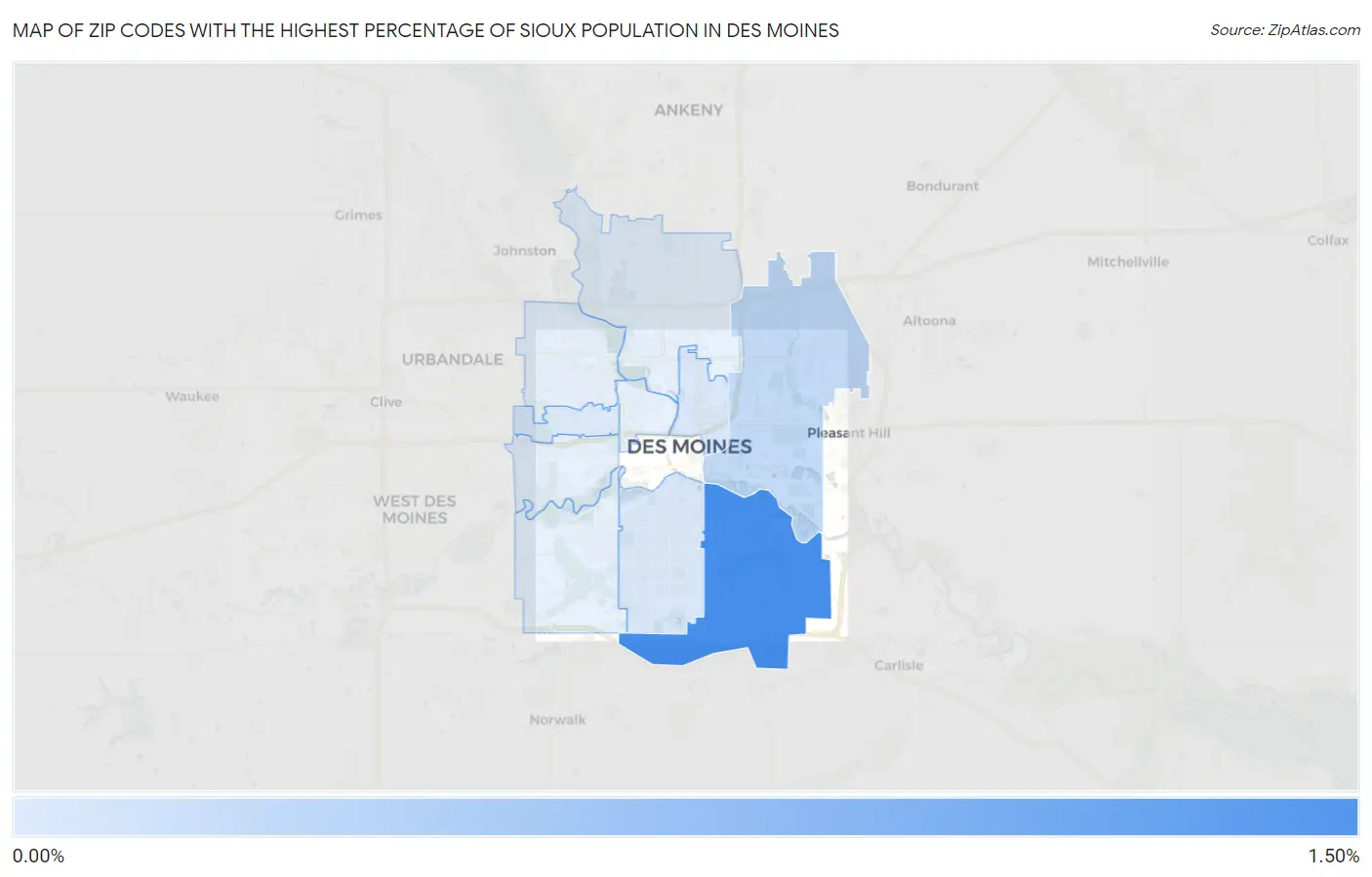 Zip Codes with the Highest Percentage of Sioux Population in Des Moines Map