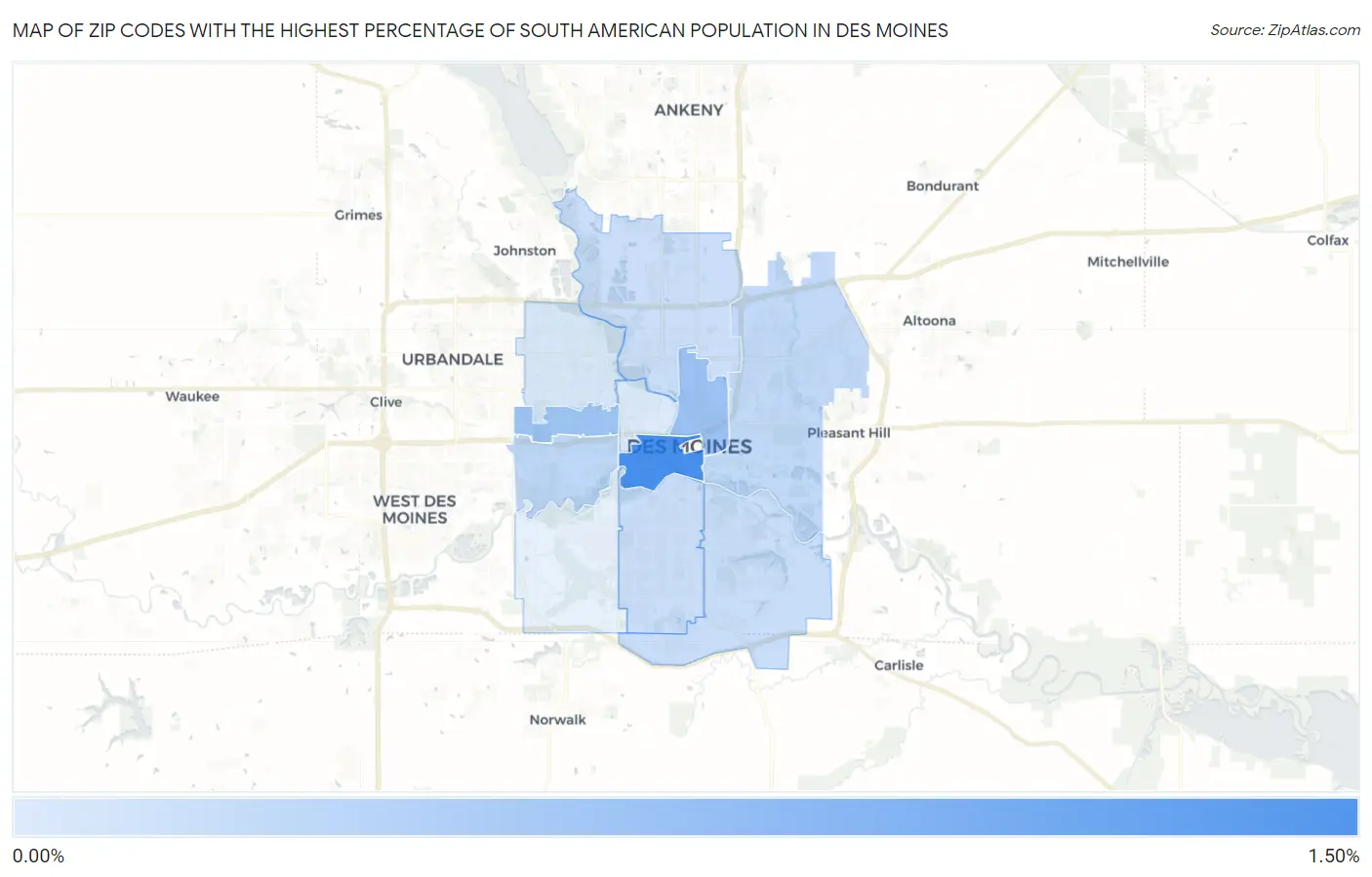 Zip Codes with the Highest Percentage of South American Population in Des Moines Map