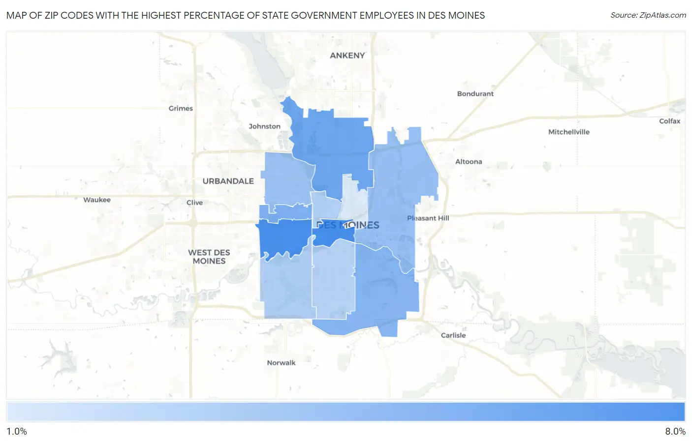 Zip Codes with the Highest Percentage of State Government Employees in Des Moines Map