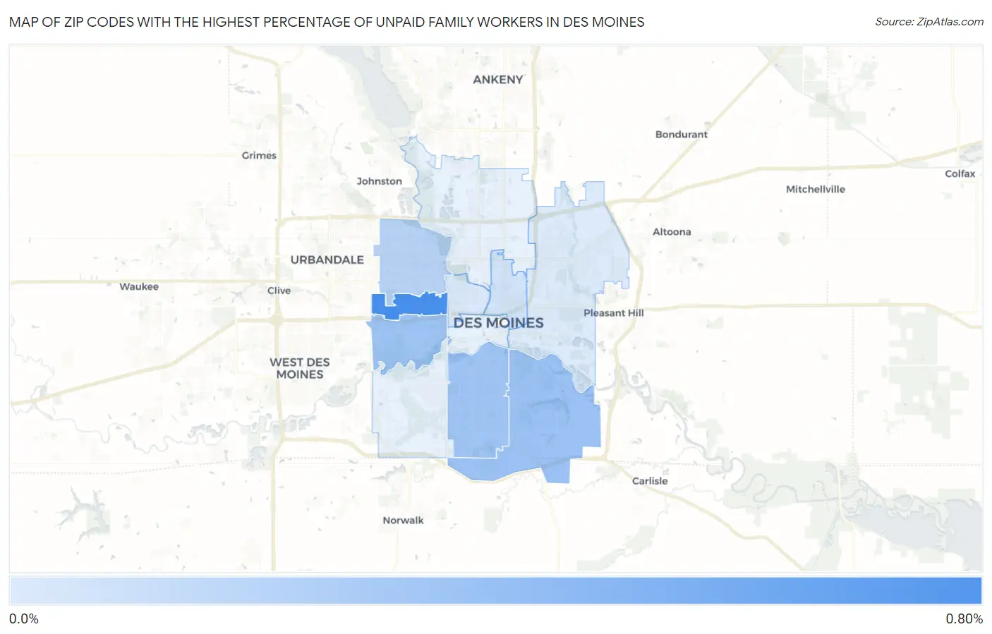 Zip Codes with the Highest Percentage of Unpaid Family Workers in Des Moines Map