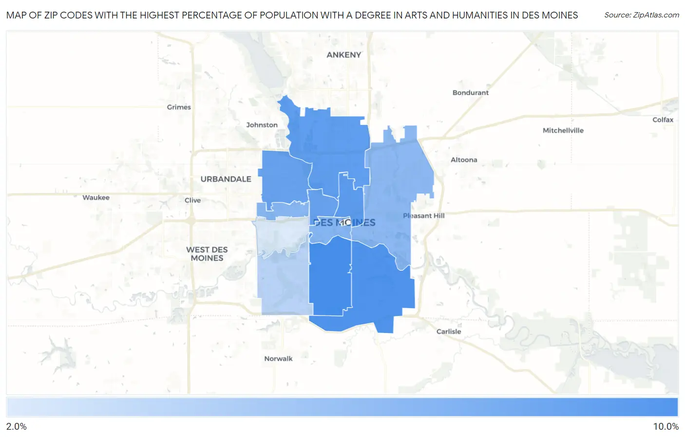 Zip Codes with the Highest Percentage of Population with a Degree in Arts and Humanities in Des Moines Map