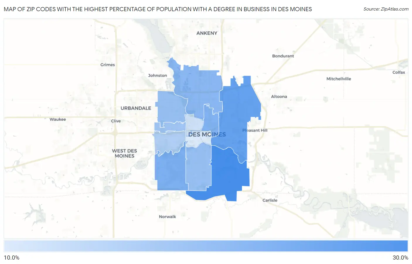 Zip Codes with the Highest Percentage of Population with a Degree in Business in Des Moines Map