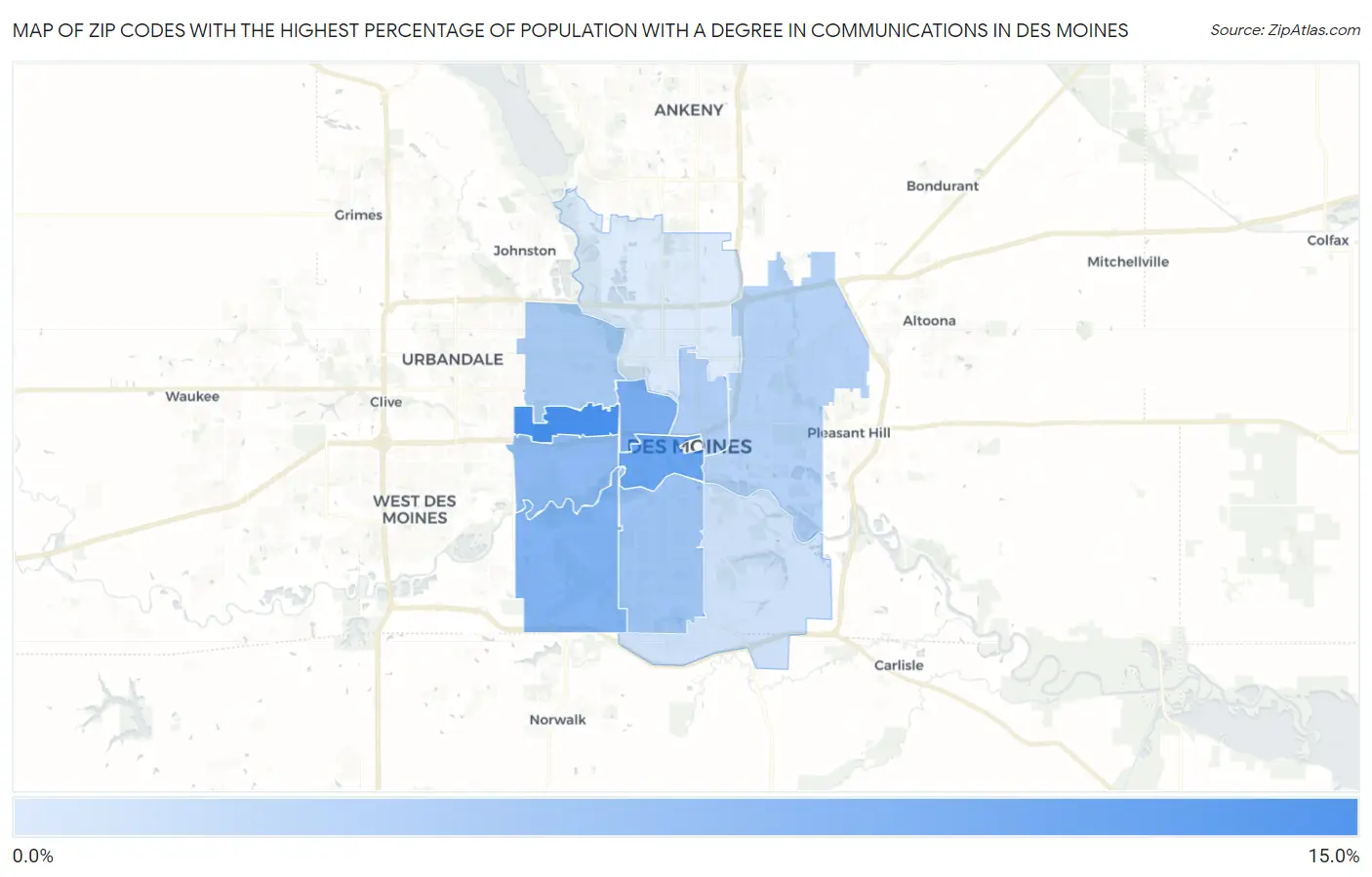 Zip Codes with the Highest Percentage of Population with a Degree in Communications in Des Moines Map