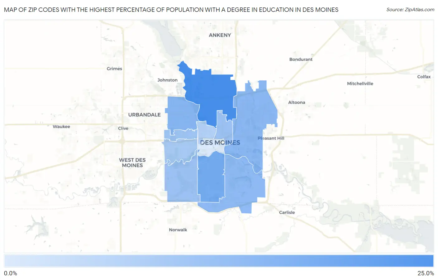 Zip Codes with the Highest Percentage of Population with a Degree in Education in Des Moines Map