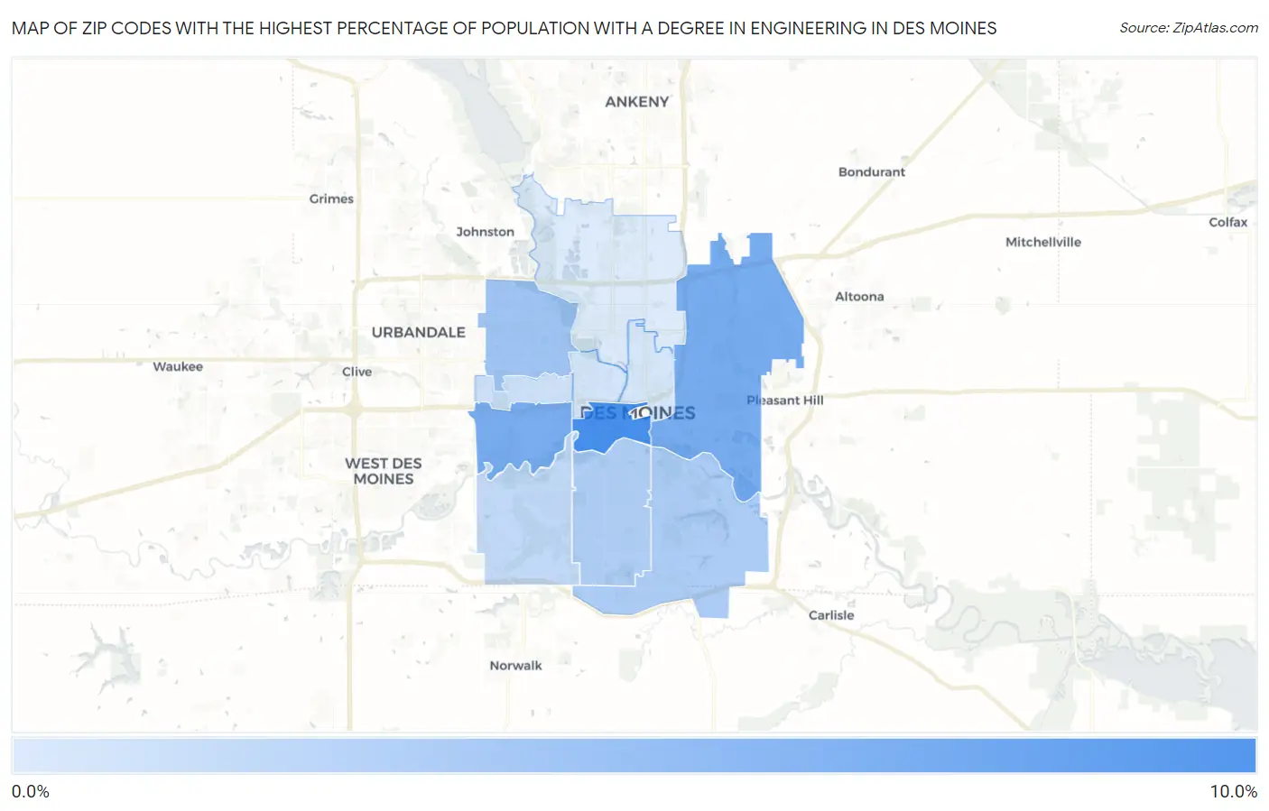 Zip Codes with the Highest Percentage of Population with a Degree in Engineering in Des Moines Map