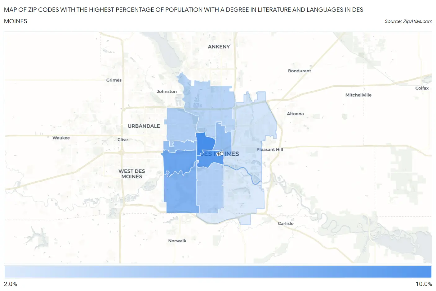 Zip Codes with the Highest Percentage of Population with a Degree in Literature and Languages in Des Moines Map