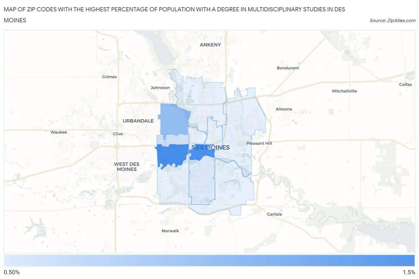 Zip Codes with the Highest Percentage of Population with a Degree in Multidisciplinary Studies in Des Moines Map