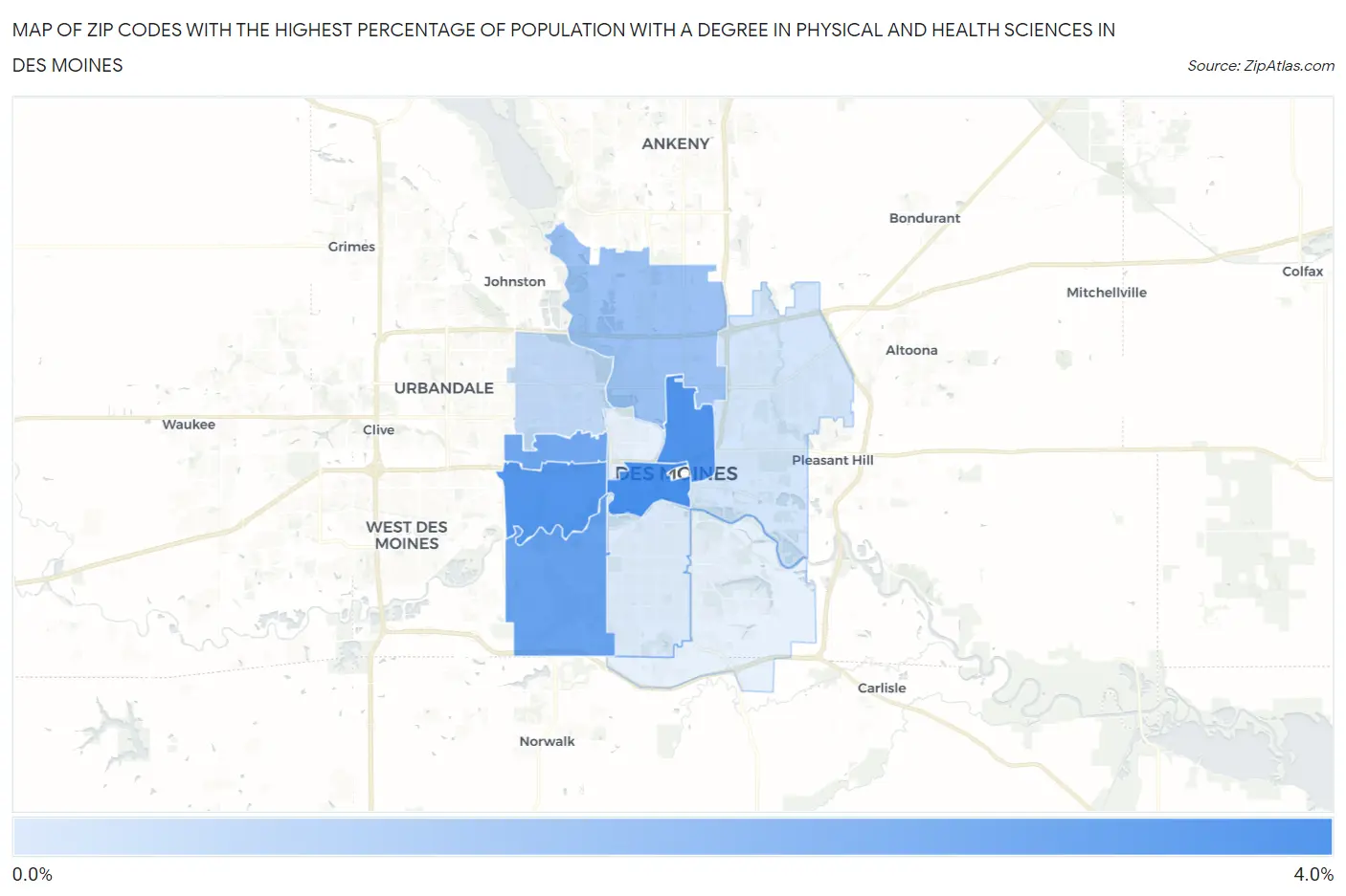 Zip Codes with the Highest Percentage of Population with a Degree in Physical and Health Sciences in Des Moines Map