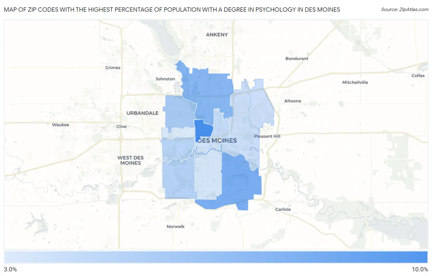 Zip Codes with the Highest Percentage of Population with a Degree in Psychology in Des Moines Map