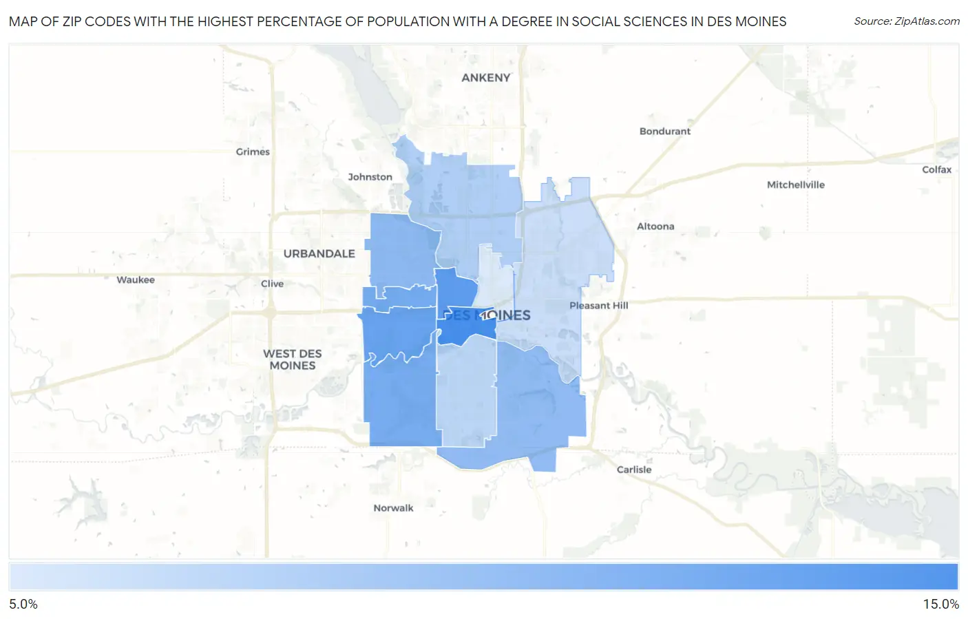 Zip Codes with the Highest Percentage of Population with a Degree in Social Sciences in Des Moines Map