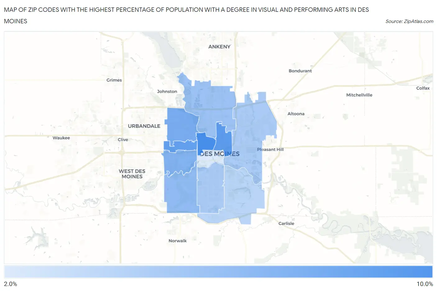 Zip Codes with the Highest Percentage of Population with a Degree in Visual and Performing Arts in Des Moines Map