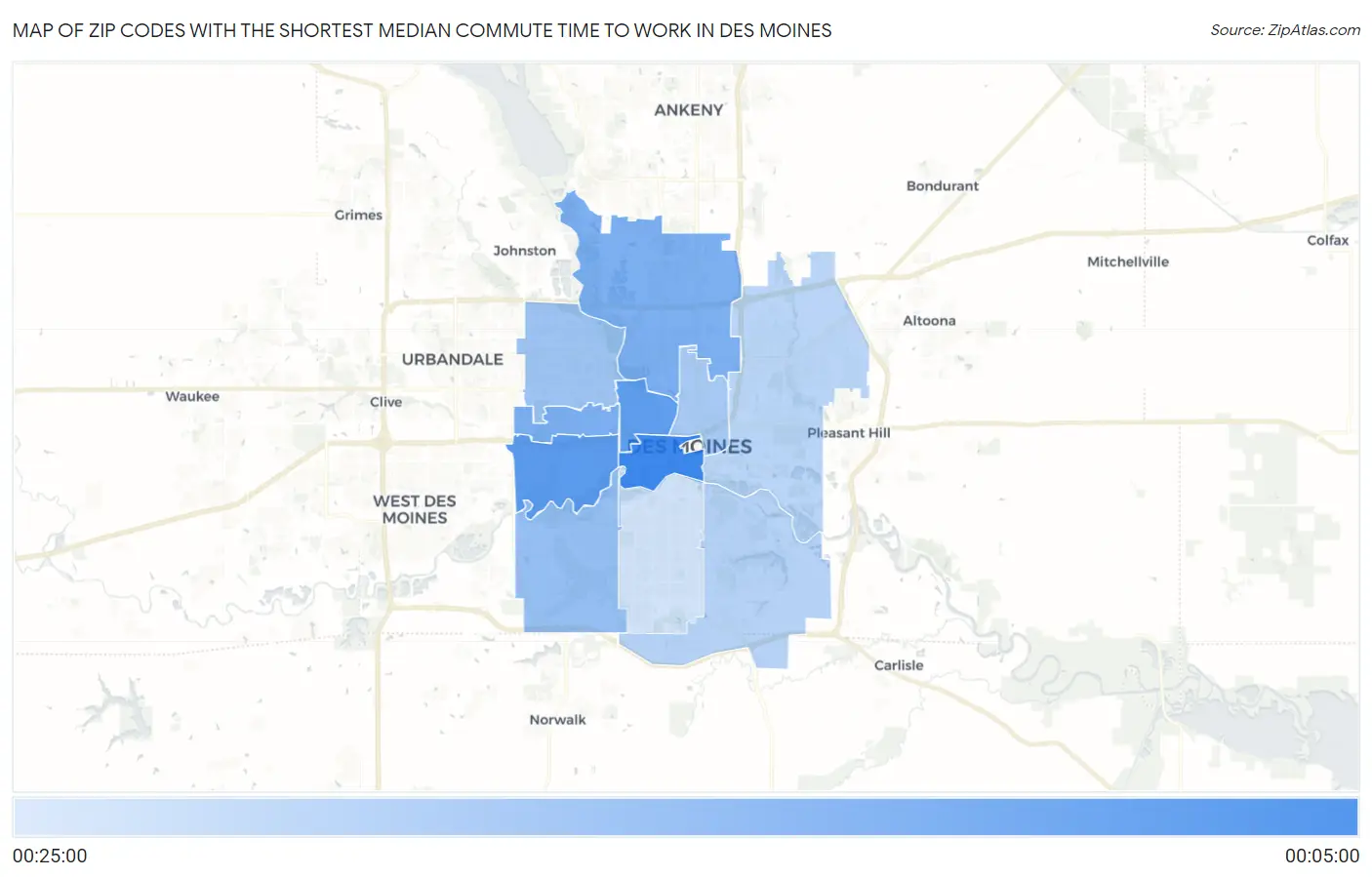 Zip Codes with the Shortest Median Commute Time to Work in Des Moines Map