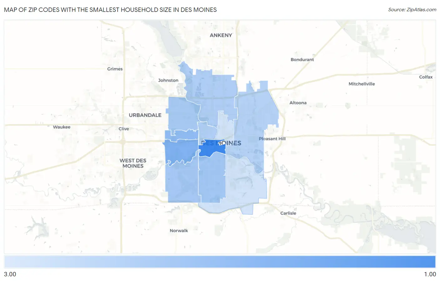 Zip Codes with the Smallest Household Size in Des Moines Map
