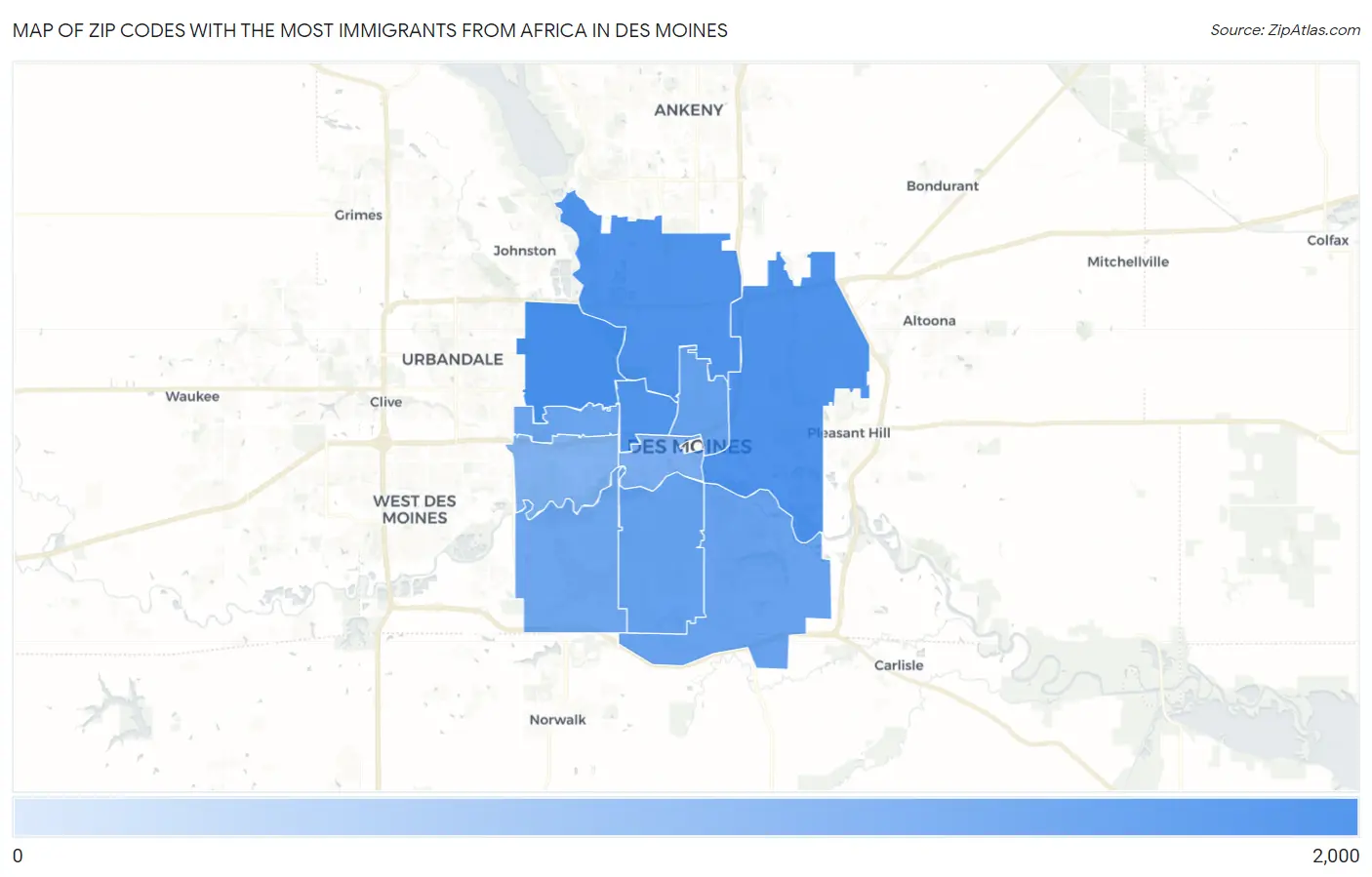Zip Codes with the Most Immigrants from Africa in Des Moines Map