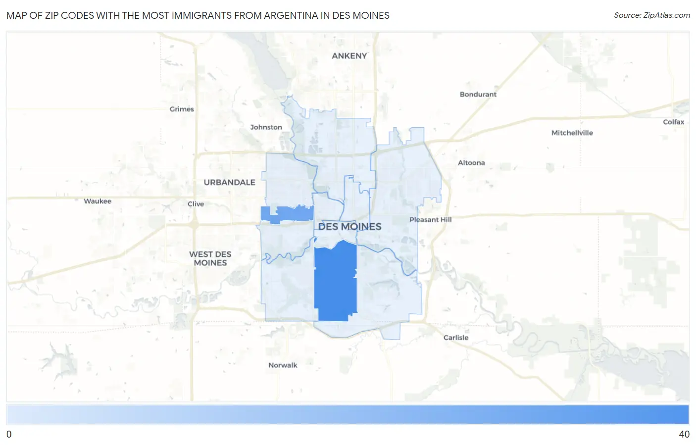 Zip Codes with the Most Immigrants from Argentina in Des Moines Map
