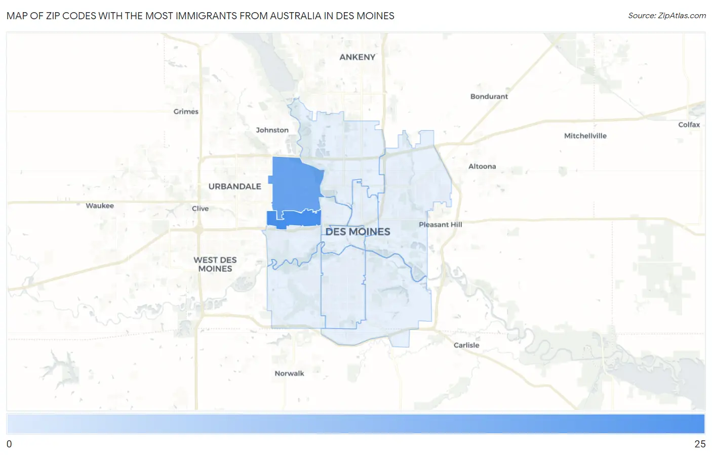Zip Codes with the Most Immigrants from Australia in Des Moines Map
