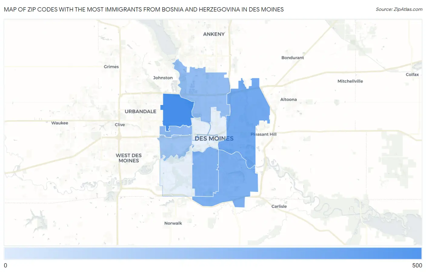 Zip Codes with the Most Immigrants from Bosnia and Herzegovina in Des Moines Map