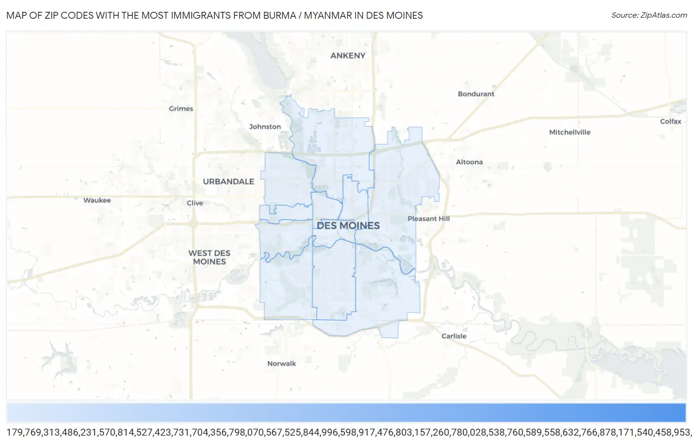Zip Codes with the Most Immigrants from Burma / Myanmar in Des Moines Map