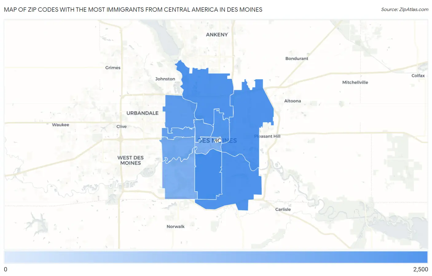 Zip Codes with the Most Immigrants from Central America in Des Moines Map