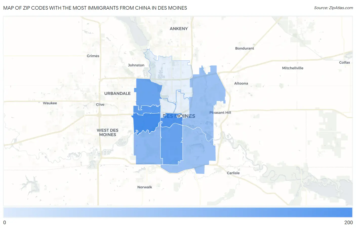 Zip Codes with the Most Immigrants from China in Des Moines Map