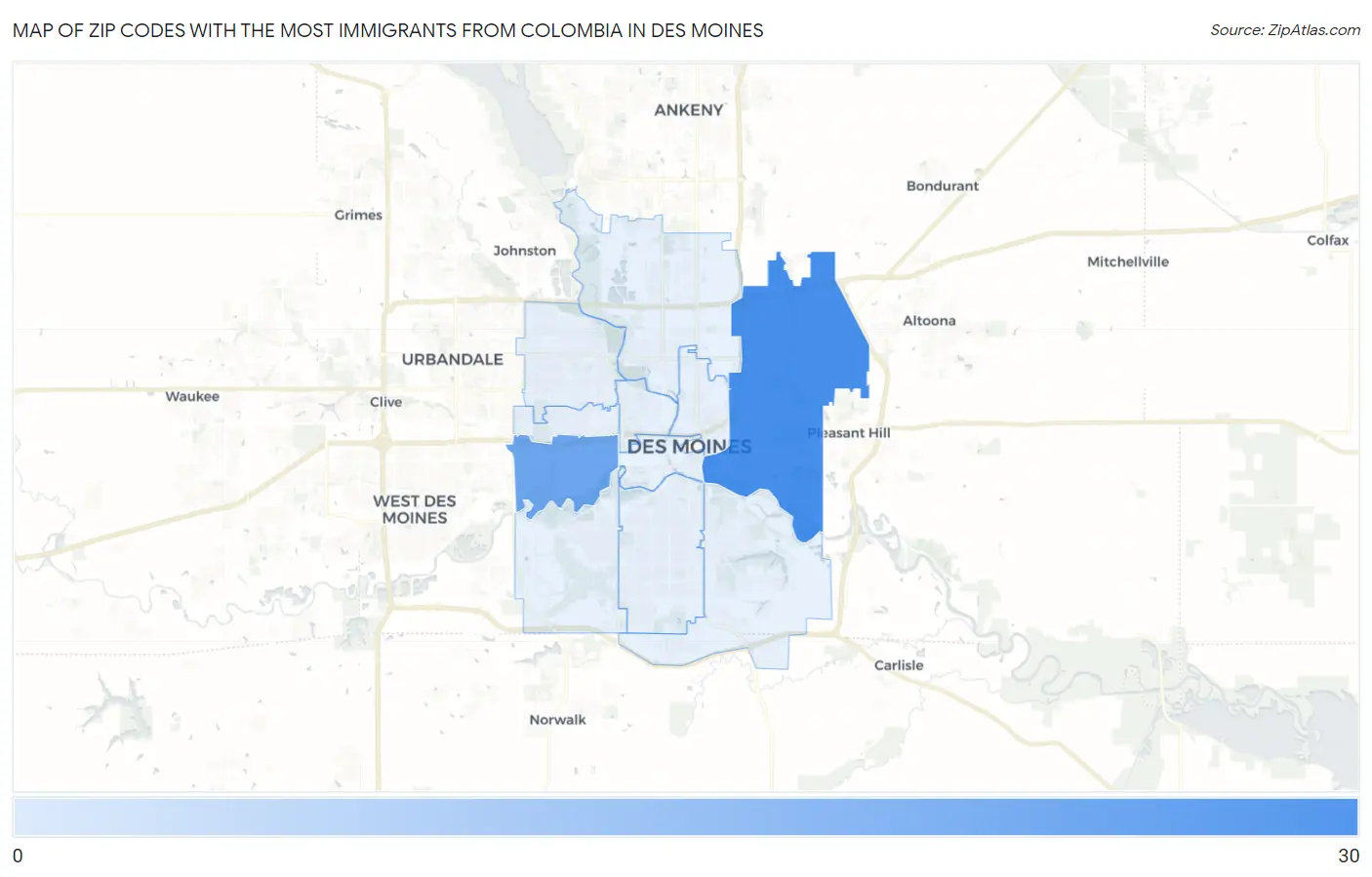 Zip Codes with the Most Immigrants from Colombia in Des Moines Map