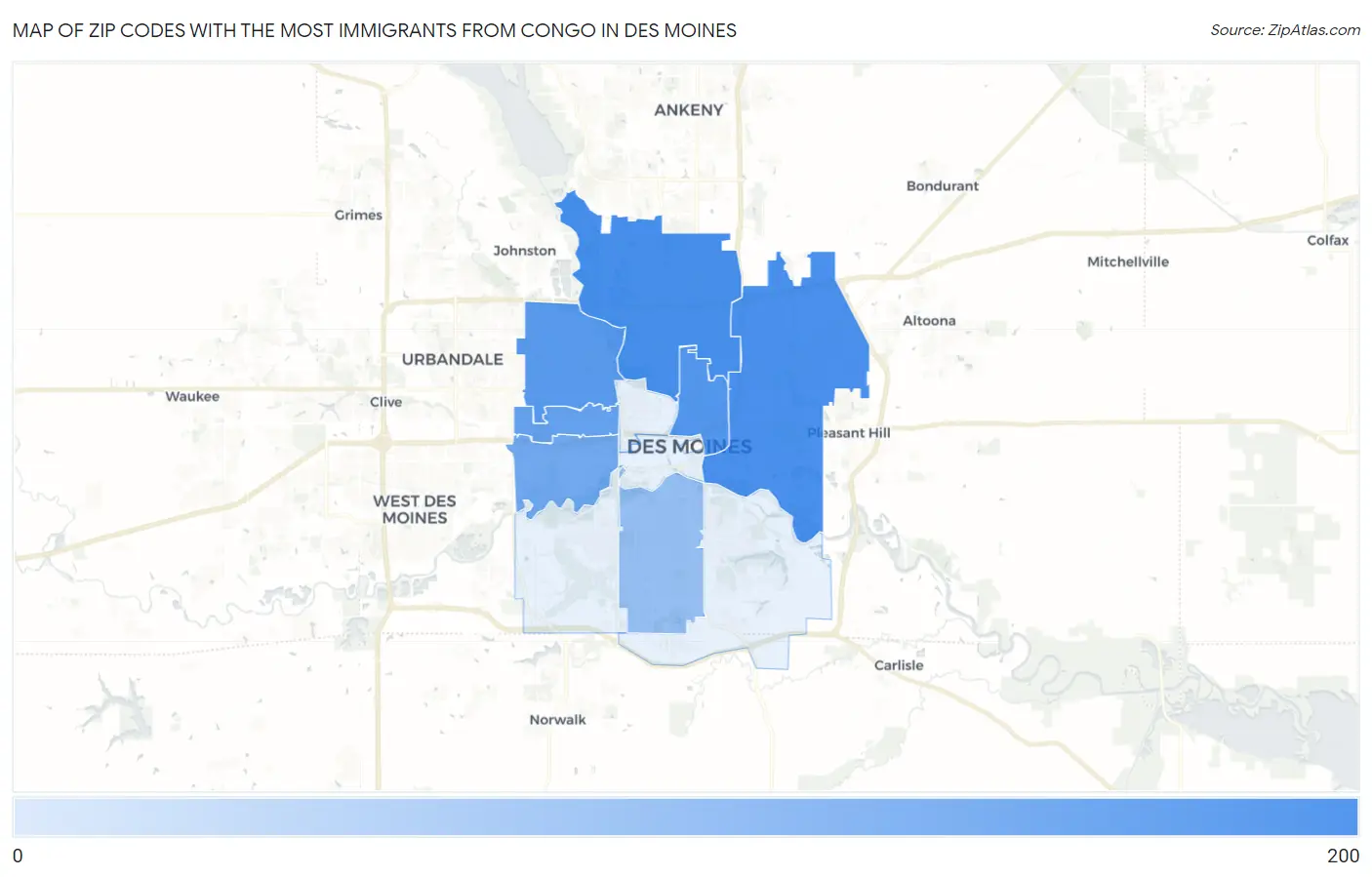 Zip Codes with the Most Immigrants from Congo in Des Moines Map