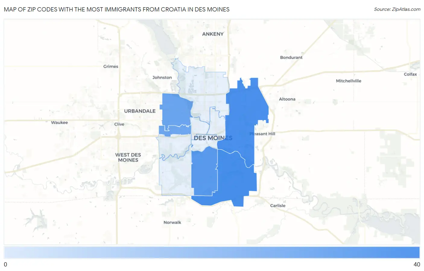 Zip Codes with the Most Immigrants from Croatia in Des Moines Map