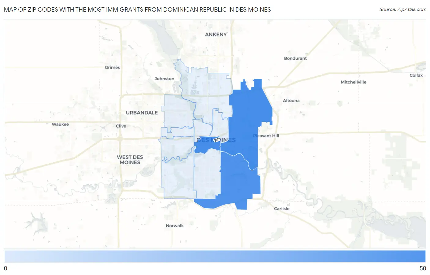 Zip Codes with the Most Immigrants from Dominican Republic in Des Moines Map
