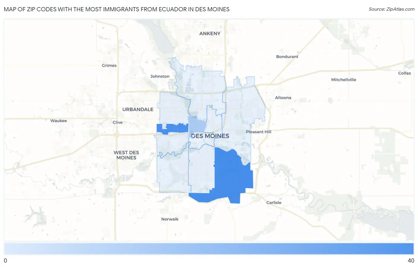 Zip Codes with the Most Immigrants from Ecuador in Des Moines Map