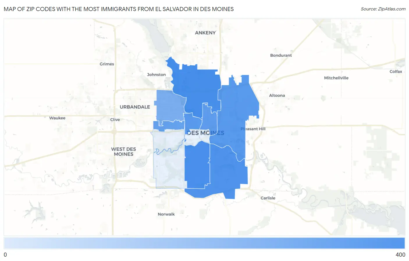 Zip Codes with the Most Immigrants from El Salvador in Des Moines Map