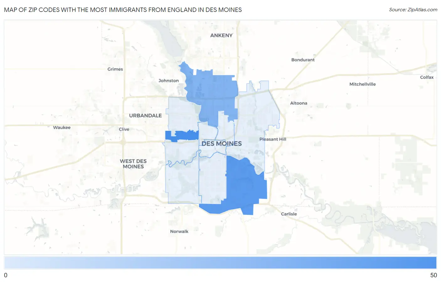 Zip Codes with the Most Immigrants from England in Des Moines Map