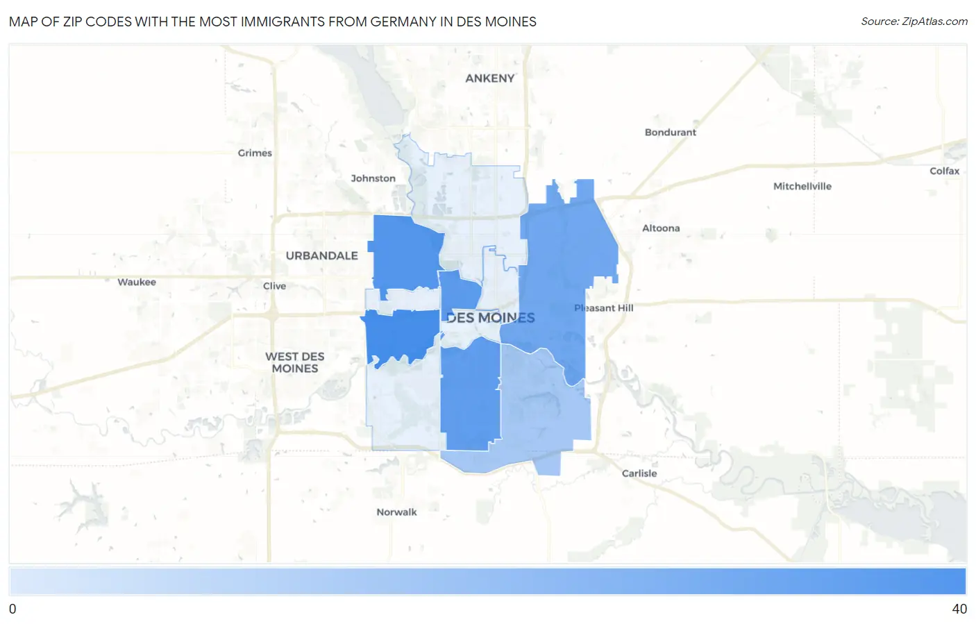 Zip Codes with the Most Immigrants from Germany in Des Moines Map
