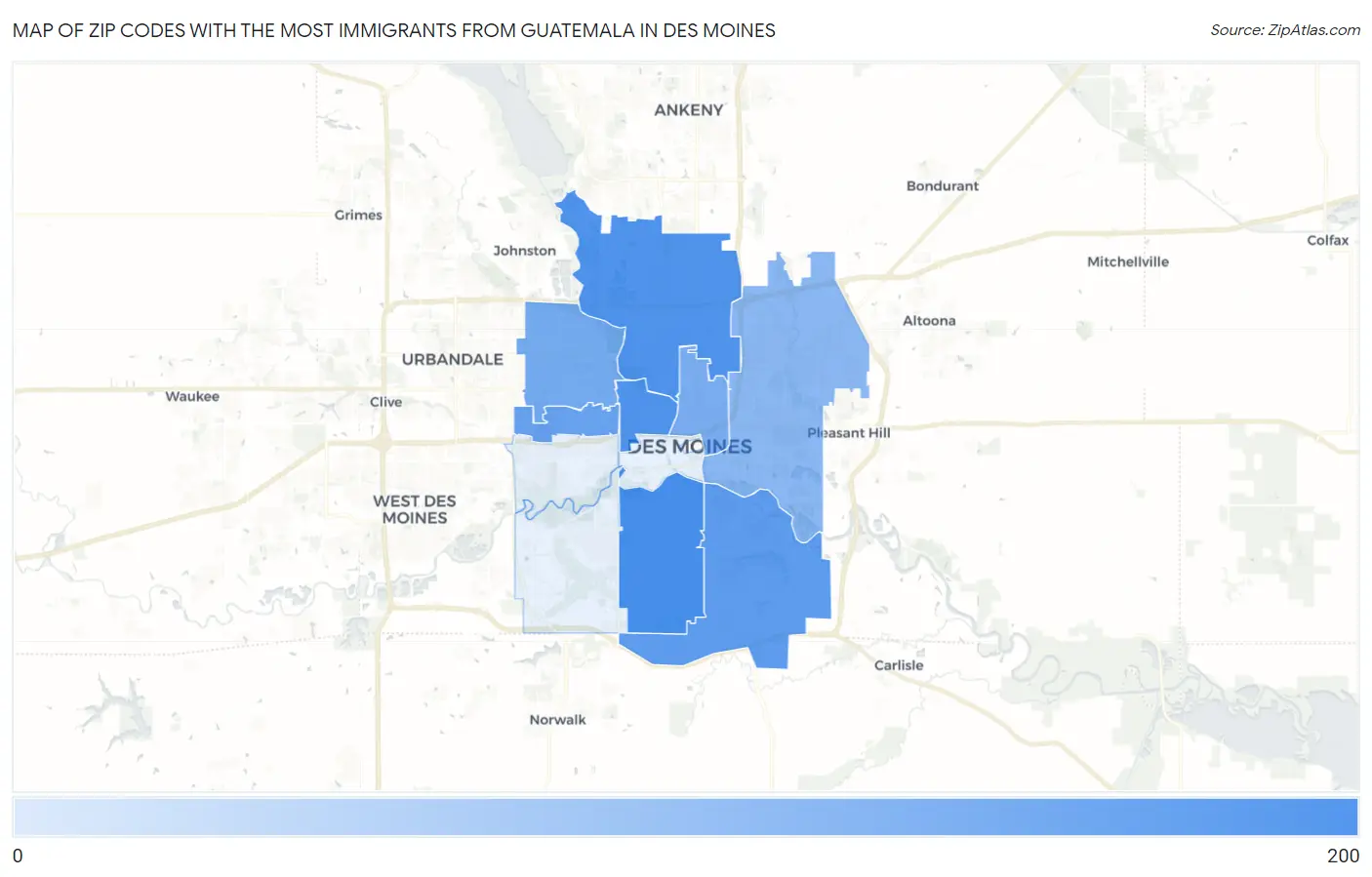 Zip Codes with the Most Immigrants from Guatemala in Des Moines Map