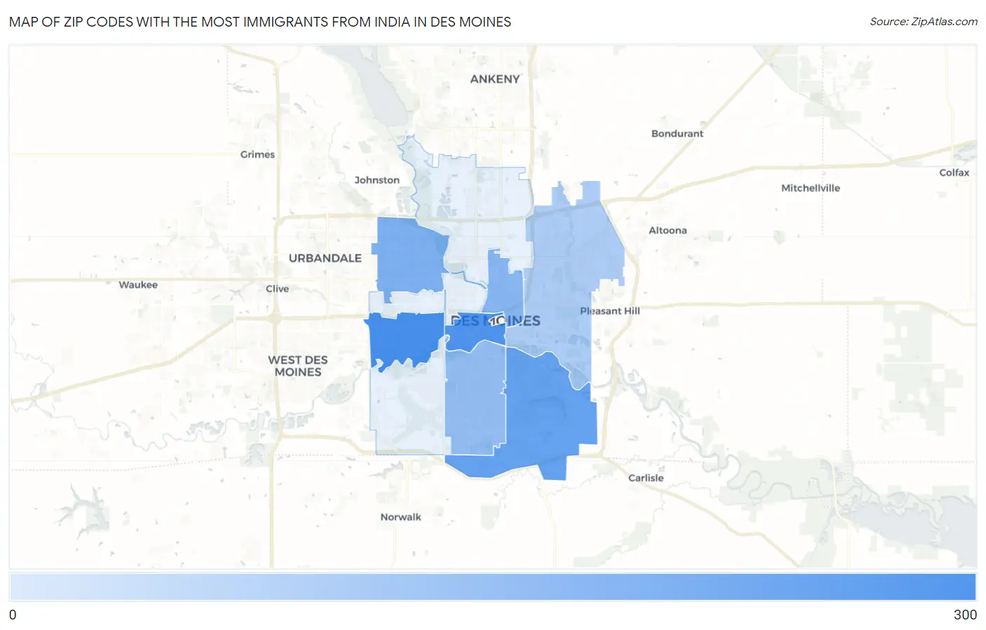 Zip Codes with the Most Immigrants from India in Des Moines Map