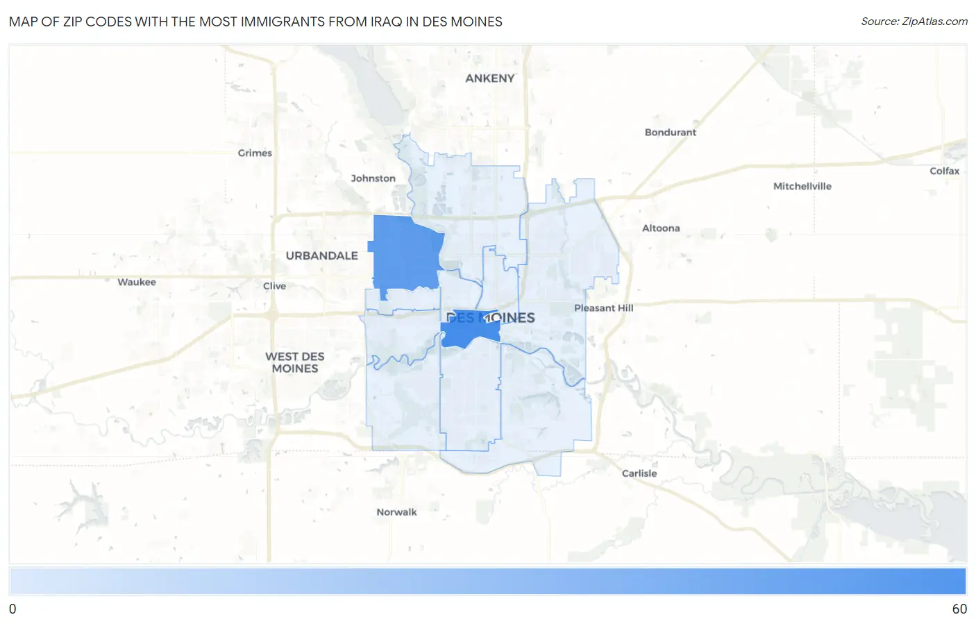 Zip Codes with the Most Immigrants from Iraq in Des Moines Map