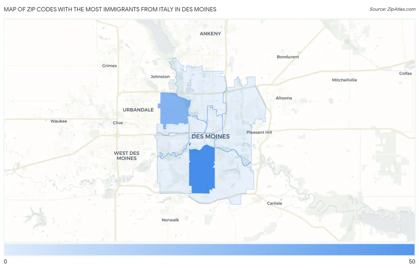 Zip Codes with the Most Immigrants from Italy in Des Moines Map