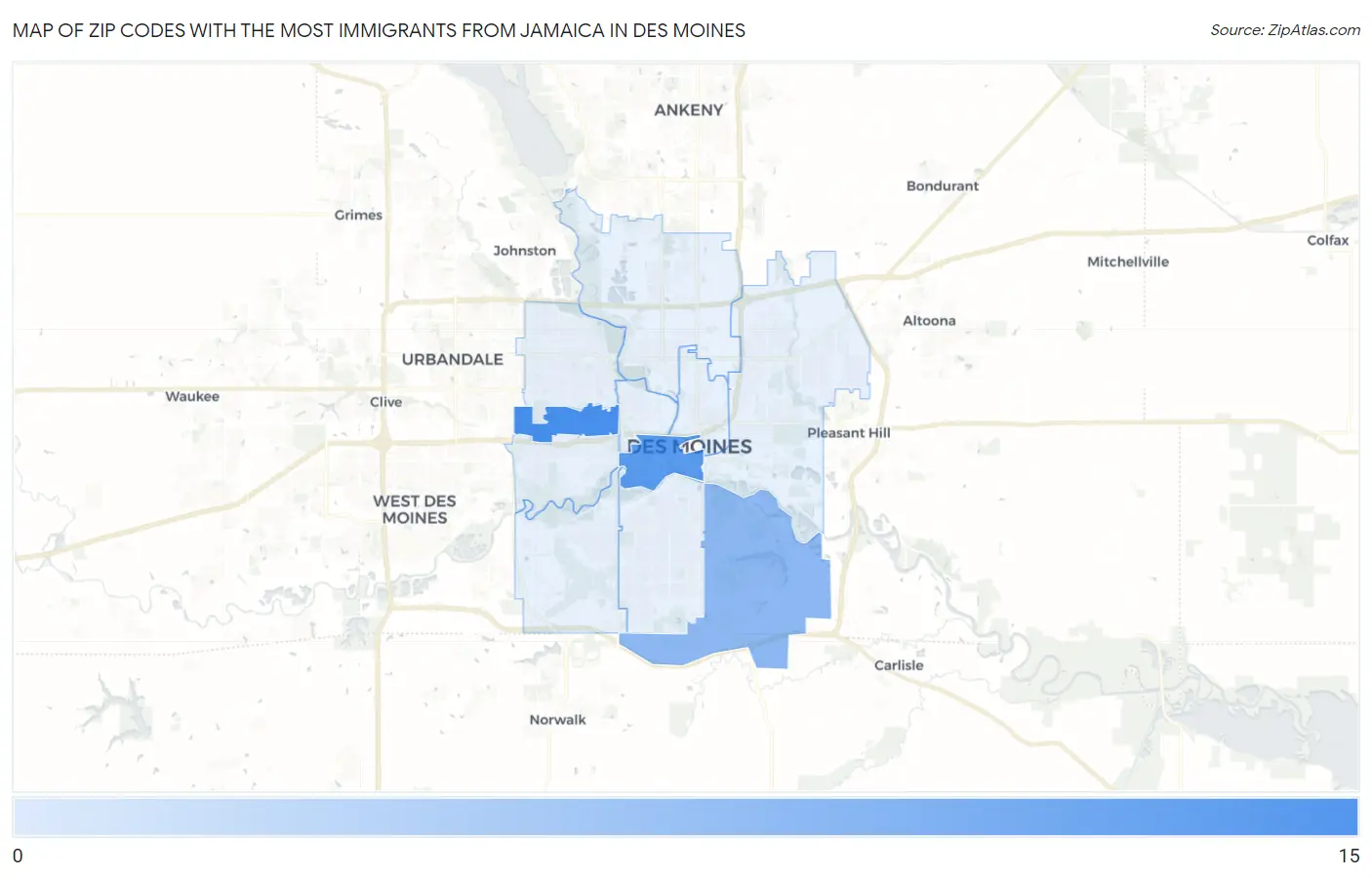 Zip Codes with the Most Immigrants from Jamaica in Des Moines Map