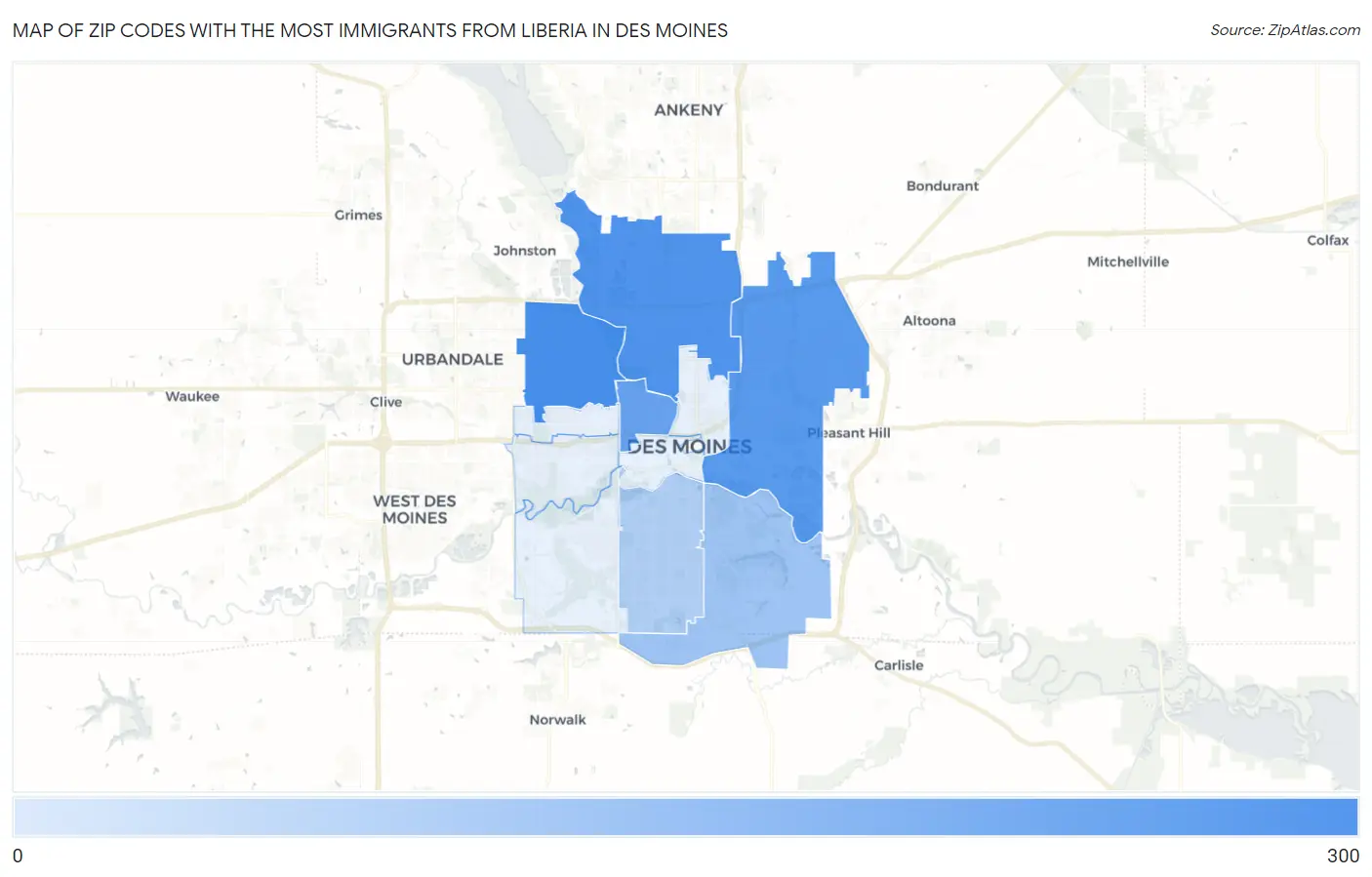 Zip Codes with the Most Immigrants from Liberia in Des Moines Map