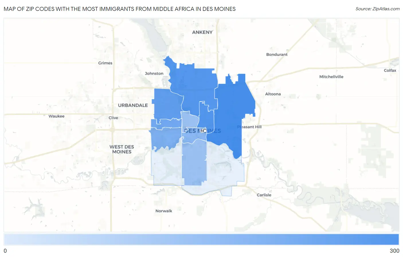 Zip Codes with the Most Immigrants from Middle Africa in Des Moines Map