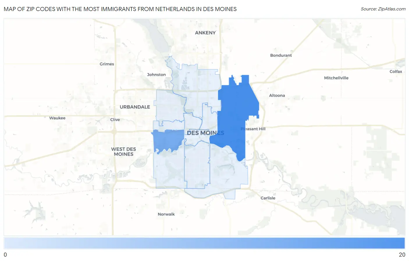 Zip Codes with the Most Immigrants from Netherlands in Des Moines Map