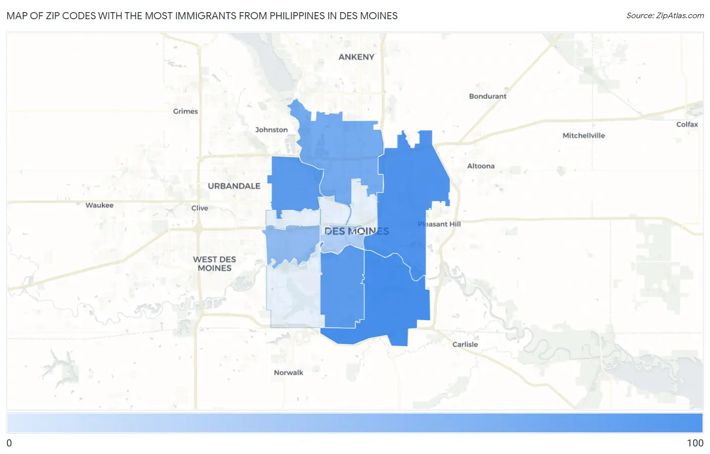 Zip Codes with the Most Immigrants from Philippines in Des Moines Map