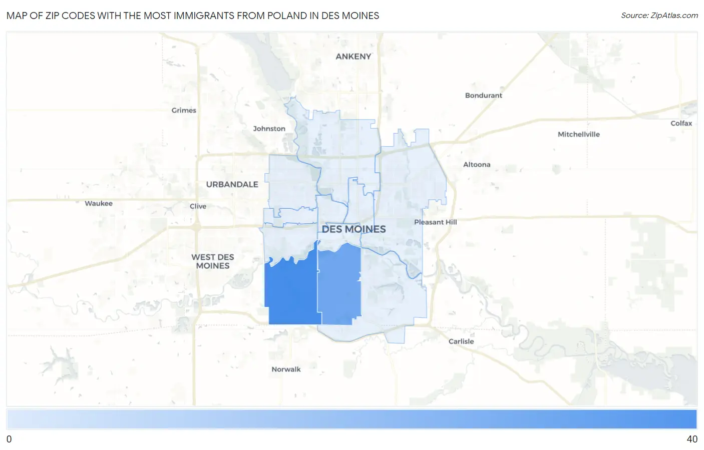 Zip Codes with the Most Immigrants from Poland in Des Moines Map