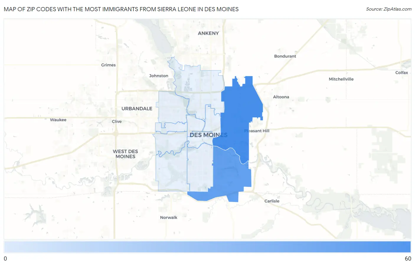 Zip Codes with the Most Immigrants from Sierra Leone in Des Moines Map