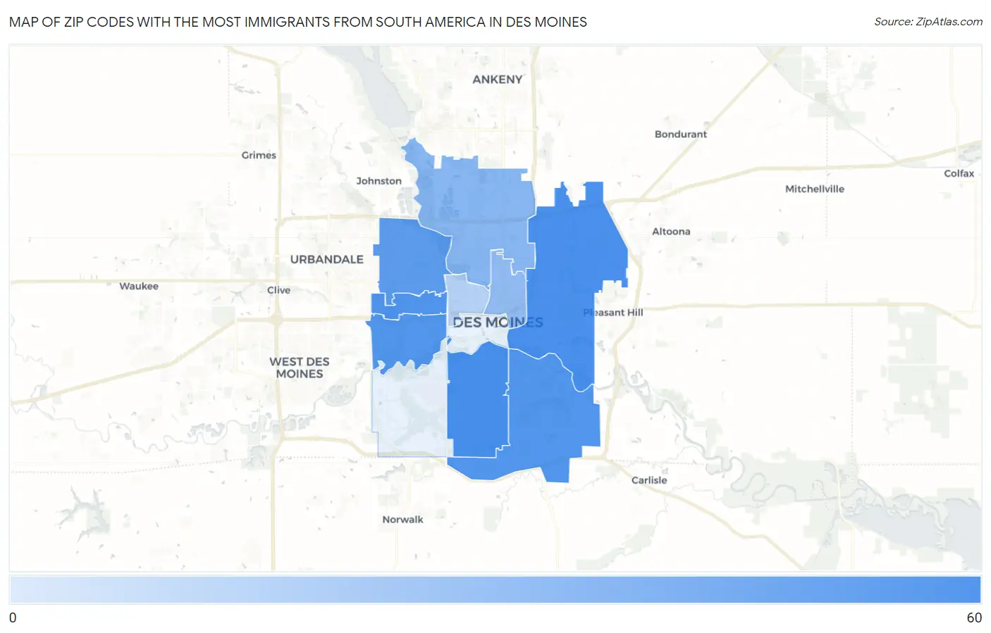 Zip Codes with the Most Immigrants from South America in Des Moines Map