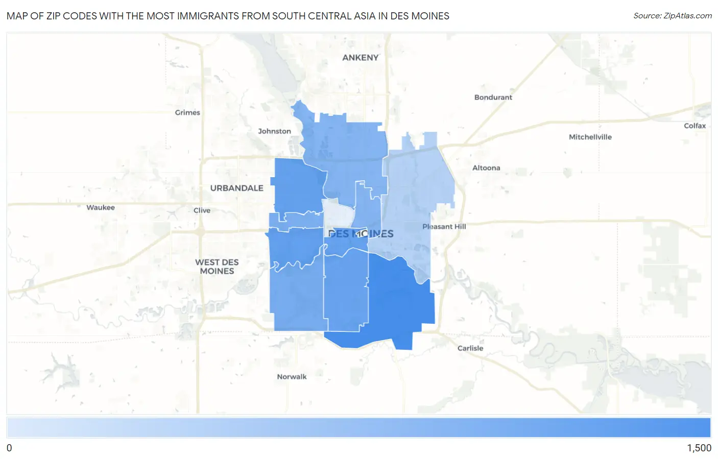 Zip Codes with the Most Immigrants from South Central Asia in Des Moines Map
