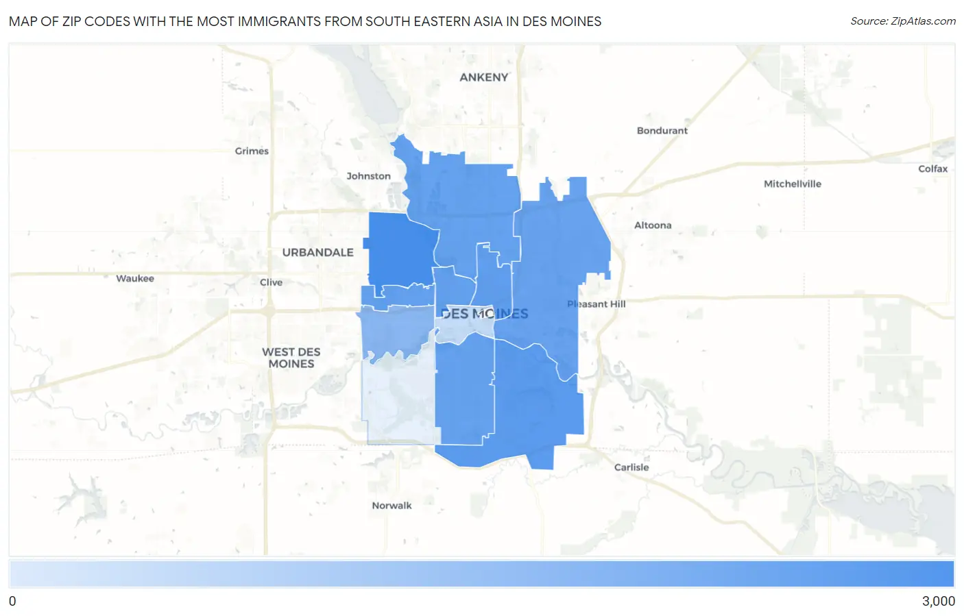 Zip Codes with the Most Immigrants from South Eastern Asia in Des Moines Map