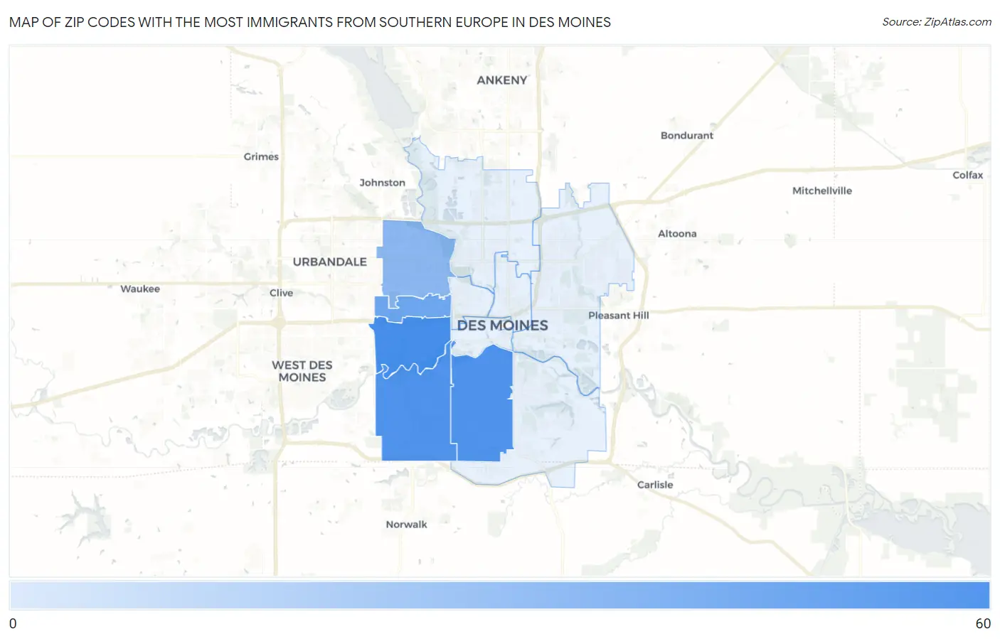 Zip Codes with the Most Immigrants from Southern Europe in Des Moines Map