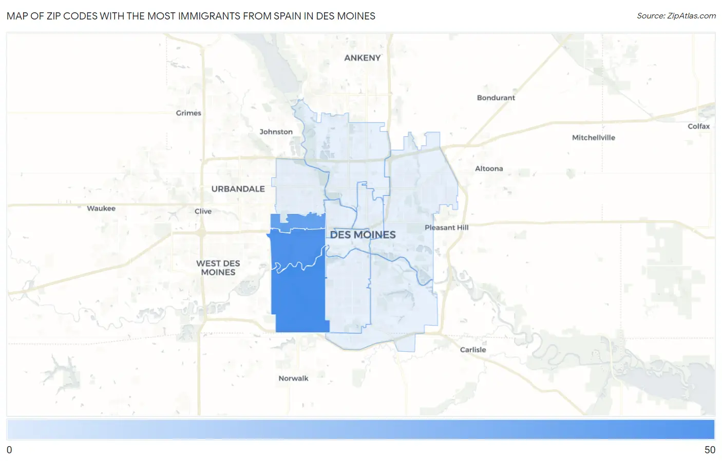 Zip Codes with the Most Immigrants from Spain in Des Moines Map