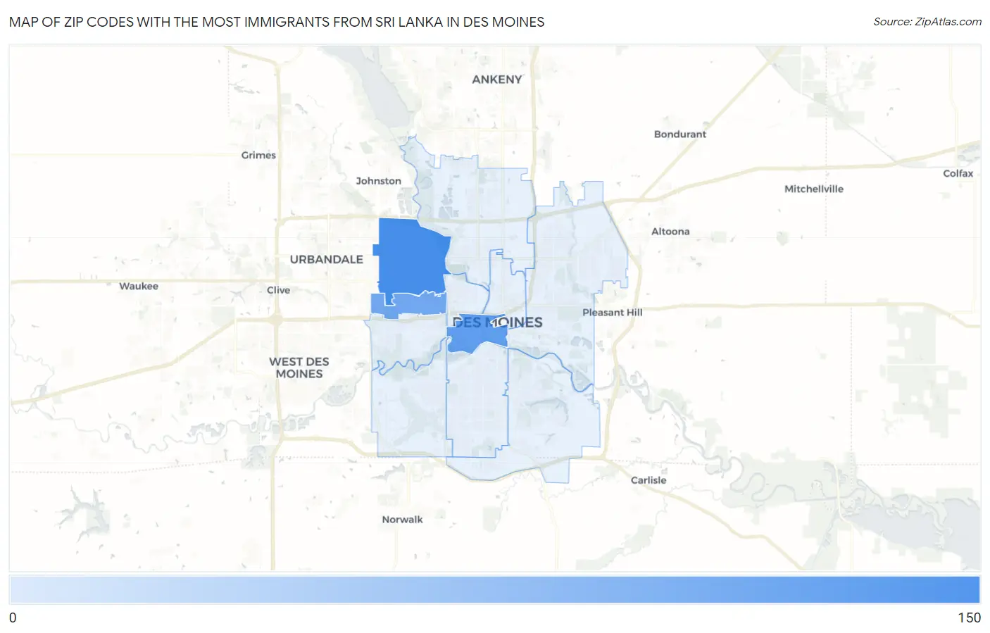 Zip Codes with the Most Immigrants from Sri Lanka in Des Moines Map
